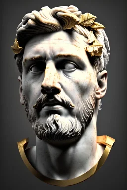 Ultra Realistic image, Roman sculpture bust, clean white marble material, Lionel Messi, gold Laurel leaves wreath, renaissance ornaments, one gold star, blue sky background, cinematic lighting, god light, 4k resolution, smooth details, ornate details, soft lighting, unreal engine 5, art station, substance 3d, art concept.