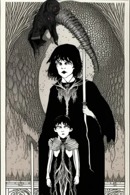 7 year old boy, necromancer, friendly, looks dead,with a long lamprey emerging from his belly , wearing black robes, in the style of Harry Clarke