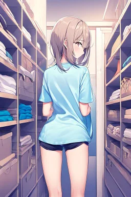 anime girl in a changing room wearing short-shorts and a pyjama shirt, with her back turned.