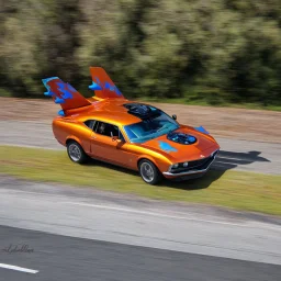 award winning car and driver photograph of a horsefly fighter-jet genetic-splice designed by only one vehicle per image painted metallic orange traveling at a high rate of speed, jet intake off of front center of vehicle and jet exhaust out the rear with bright blue flames painted on the hood and front quarter panels, bilaterally symetrical, more a high speed road vehicle