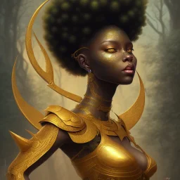 sango fantasy, fantasy magic, intricate, sharp focus, illustration, highly detailed, digital painting, concept art, matte, masterpiece head sexy view black African beauty black afro hair space lady yellow carp skin African space night