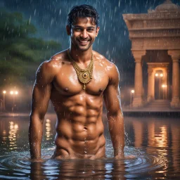 Hyper Realistic handsome Young attractive shirtless muscular short hair Indian king with wet chest smiling & bathing in a pond outside traditionally beautiful Indian palace at heavy rainy night