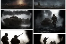 Masterpiece1:5)(Fineart), (award-winning:1.5), highest quality, (ultra realism:1.5) war journalism(,(by Tim Page and Hoorst Faas:1.5))(photorealistic:1.8), (Eastern Ukraine:(panel one:the moment after a battle ends, horrors of war, wounded men),(2nd panel, cinematic shot of men sitting in trench with 1000 yard stare (focus on their eyes:1.5)),(the third panel shows troops tired but hyper alert), (the fourth panel shows the sky is filled with incessant, fire and smoke,)