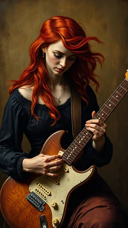 Hieronymus Bosch style , a women with red hair playing the electric guitar