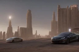 A Tesla 'Model Y' is parked, in the 'Cloud City' of Bespin. CINEMATIC. WIDE ANGLE LENS. PHOTO REAL.