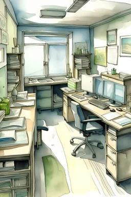 drawing of a work office water coloured paint