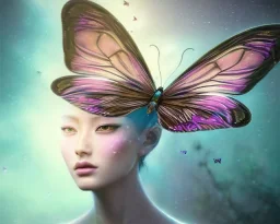 Beautiful mystical butterfly portrait, dark fantasy, romanticism, acrylic paint, chinese painting, magazine, highly detailed, ethereal, otherworldly, backlighting, rays of shimmering light, persian empire, artstation, silver, purple, black, teal, aqua, yellow, olive, vibrant, intricate,