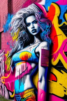 graffiti art on the brick wall portraying a female super model posing confidently, 8k, highly detailed, centered, epic composition, graffiti art, splash art, street art, spray paint, oil gouache melting, acrylic, high contrast, colorful polychromatic, ultra detailed, ultra quality, CGSociety