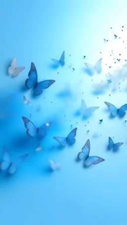 a lot of small blue butterflies flying all over. Baby blue pastel background with sparkles