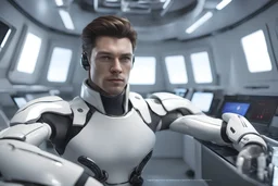 Hybrid male human/android, only head is human with rest of body android, sitting at navigation console of star cruiser ship, casual, hyper-photo-realistic, detailed, cinematic lighting