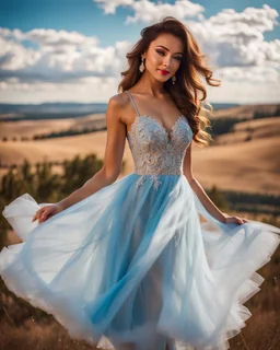 full-body closeup shot of a young, beautiful girl with a perfect face and makeup,wearing pretty dance dress standing in a stage in open air nice hills , blue sky ,pretty clouds at distant