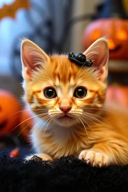 Orange kitten being cute with playfull eyes with a halloween decor