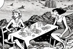 Maximalist chaotic two girl at table on the beach, birds eye view, illustrated by hergé, style of tin tin comics, pen and ink