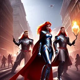 Three young teenagers with red hair, crowded busy street, stalls and carts with food and fruit, magic festival, spellcasting, leather armor,fantasy adventure, photorealistic, pristine,