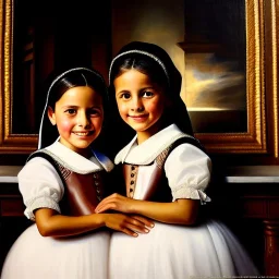 portrait of sisters Eira Santiago Arnau 10 year old and Dalia Santiago Arnau 6 year old by Velazquez,smiling, oil on canvas, cinematic composition, extreme detail,8k,fit full head inside picture,