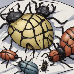 three ticks, bugs, tickbugs, they are wrestling on a bed, beautiful art