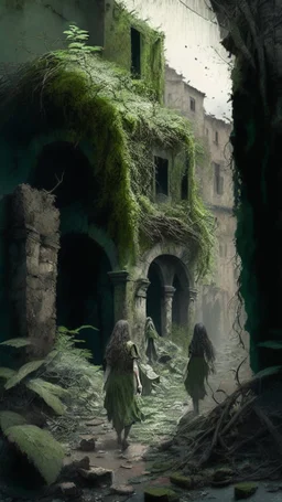 ruined street with women and bushes and moss