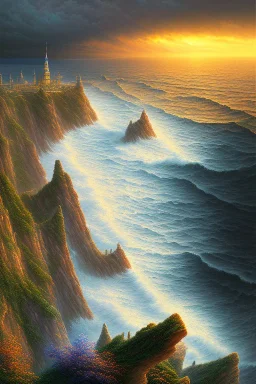 An illuminated city at top on a rough cliff at the stormy sea at sunset, 8k resolution, high-quality, fine-detail, intricate, fantasy art, detailed matte, volumetric lighting, illustration, 3D