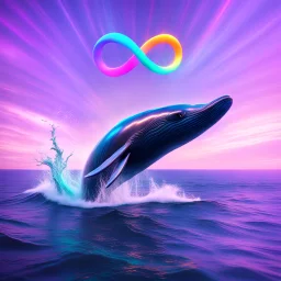 infinity symbol ∞ with vibrant powerful whale jumping out of the sea, striking, neon, chiaroscuro, dramatic, captivating, powerful, fantasy, beautiful, octane render, 16k post-production, artstation: award-winning: atmospheric: commanding: fantastical: clarity: ultra quality: striking: brilliance: stunning colors: amazing depth; lens: f/11, 35mm