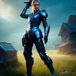 dark and gloomy full body 8k unity render, female teen cyborg, Blue yonder hair, wearing broken battle armor, at cluttered and messy shack , action shot, tattered torn shirt, porcelain cracked skin, skin pores, detailed intricate iris, very dark lighting, heavy shadows, detailed, detailed face, (vibrant, photo realistic, realistic, dramatic, dark, sharp focus, 8k)