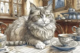 A pencil and charcoal line sketch, cute fluffy cat in coffeehouse in sunshine, intricate details and bold lines. beautiful Jean-Baptiste Monge Art Nouveau Steve Hanks Josephine Wall Thomas Wells Schaller Big water colour painting Ella du Cane Beautiful detailed eyes pastel patchwork line art Watercolor, pen and ink Maurice Miller and Faiza Maghni