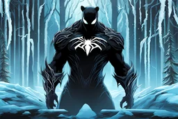 Shadow symbiote in 8k graphics novel drawing style, bear them, neon ice power, ice forest, highly detailed, high details, detailed portrait, masterpiece,ultra detailed, ultra quality