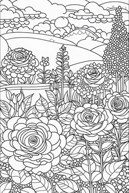 kids coloring page, rose garden, cartoon style, thick lines, low detail, no shading