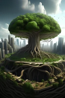 city growing from a giant rooted tree sky view