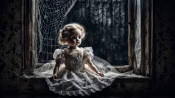 an old, dirty, worn (porcelain doll sitting in a beautiful lace dress) in a broken, dirty window, spiderweb, abandoned old room, dark surreal atmosphere, dull lights, dark colors sinister , surrealism, matte background