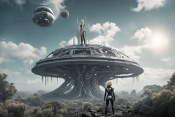 Wide angle photo of a slim sci-fi woman with blond hair, wearing a silver and black futuristic spacesuit looking android-like, standing on a derelict alien cloud tree jungle planet