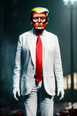 Ultra realistic image, Donald trump zombie, zombie performance, suit, skull, blood, torn arm, night, walking twisted, waist up view, thriller style, dark ambient, highly detailed, White House background, concept art, unreal engine 5, ray tracing, RTX, ultra detail, volumetric lighting, high definition, high resolution.