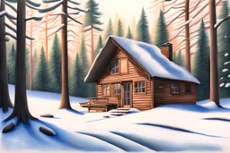 cabin in the woods, snow, sunshine, simple colored pencil drawing