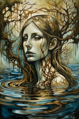 surrealistic painting depicts a woman submerged in water, with only her face visible above the surface. Her hair is dark brown with blonde highlights, and her eyes are a warm brown. Below the waterline, her torso is replaced by a skeletal ribcage entwined with translucent, organic root-like structures and dried leaves, revealing the internal decay beneath the skin. The upper part of the painting features a dilapidated, light-colored building with multiple levels and a dome, seemingly floating on