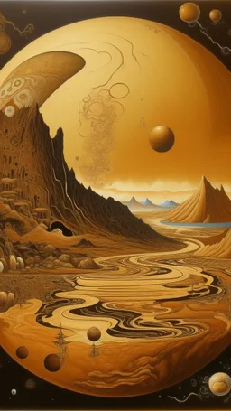 A brown planet with rolling meteors designed in native American petroglyphs painted by Grant Wood