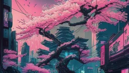 Japanese cherry blossom, in cyberpunk city, comic style,