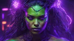 realistic portrait of miss hulk A radiant and ethereal cyberpunk girl shrouded in vibrant veils, her form intertwined with luminescent crabs composed of violet light and smoky purple hues. She is adorned with futuristic neon wires and intricate cyberpunk jewelry, her translucent layers billowing in an unseen breeze, casting a surreal, dynamic glow against the backdrop of a gritty, neon-lit metropolis.