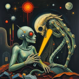 Gnostic embalming sci-fi tragedy, android dreams, by Rufino Tamayo and H.R. Giger, by Wassily Kandinsky, neon, surreal horror, genetic abrogation, oil painting with abstract elements