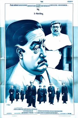 an old poster with "BIG BROTHER"(across top) "IS WATCHING"(across bottom) and a scowling of a dictator in the middle. black and white printed poster on old paper