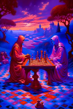 A valley of devine light and wisdom where two spirits in whyte robes play chess which are not actually chess but all humankind fates. All in purple/pink/peach colors