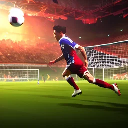 Soccer player kicking a ball into the goal with a lot of force, cartoon art