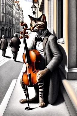 One single mature cat playing violin on the street, Vienna, friendly, model style, hyper realistic, extremely accurate, delicate, extremely detailed, Graphic novel style, wide-angle, open aperture, superfine pencil