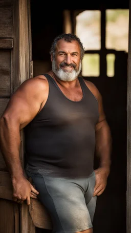 close up photography of a burly beefy overweight muscular sicilian farmer 47 years old, sweat, near a tractor, short curly hair, short white beard, manly chest,crossing arms, in tank top with dirty tank top and bulging shorts, near the door of a large barn, shy smile, under the sun, photorealistic, side light