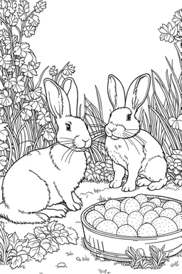 Outline art, no shading, rabbits full body in the garden, cartoon style, black and white, low detail, --ar 9:11