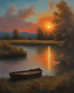 a painting of a sunset over a lake, inspired by J. Ottis Adams, inspired by William Didier-Pouget, inspired by Vladimir Borovikovsky, inspired by Laurits Tuxen, thick impasto technique, inspired by Mykola Burachek, inspired by Guido Borelli da Caluso, colorful oil painting, landscape oil painting