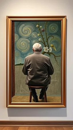 Bosch painting style a rear of view of an old man sitting on a high chair facing a a surrealism picture of Dali time in a frame on the wall , show from the back of the picture in 3D