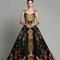 stunning extrem opulent haute couture gown designed by Marchesa inspired by fairies, realistic epic elegant fantasy color mix of black and gold and dark red,decorated with precious stones, detailed, high quality, intricate, fantasyland background,