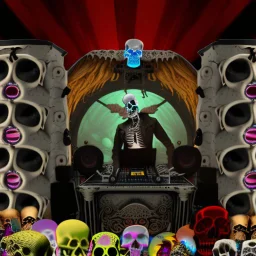 DJ of the damnded, insanely detailed DJ booth in hell, MID set, speakers and equipment made of bone, anatomically correct,