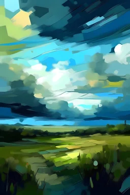 modern digital expressionism, oil painting, ,morning, blue sky, clouds, scenery, in a Cubism Seagrass Bed, moody color palette<lora:EnvyExpressionismXL01:0.7>