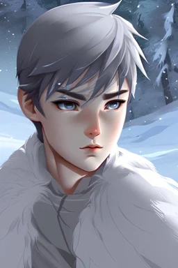 A boy mysterious, beautiful, with slightly gray hair, and possesses the element of snow