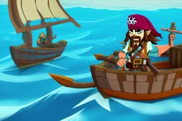 Cartoony Captain Jack Sparrow sailing on a small boat, in the middle of blue oceans, Legend Of Zelda: Wind Waker style, stylized, colorful, adventurous.